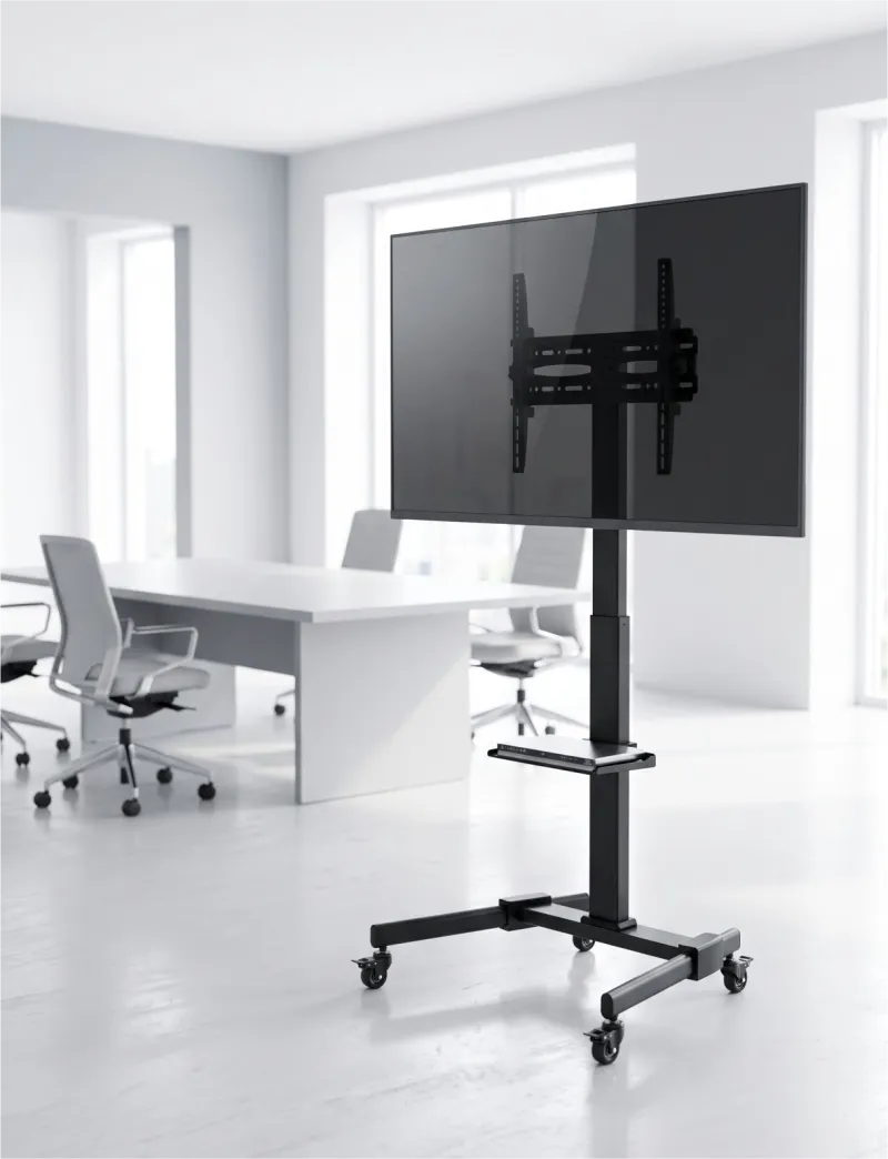 Mobile TV stand with shelf in a bright conference room