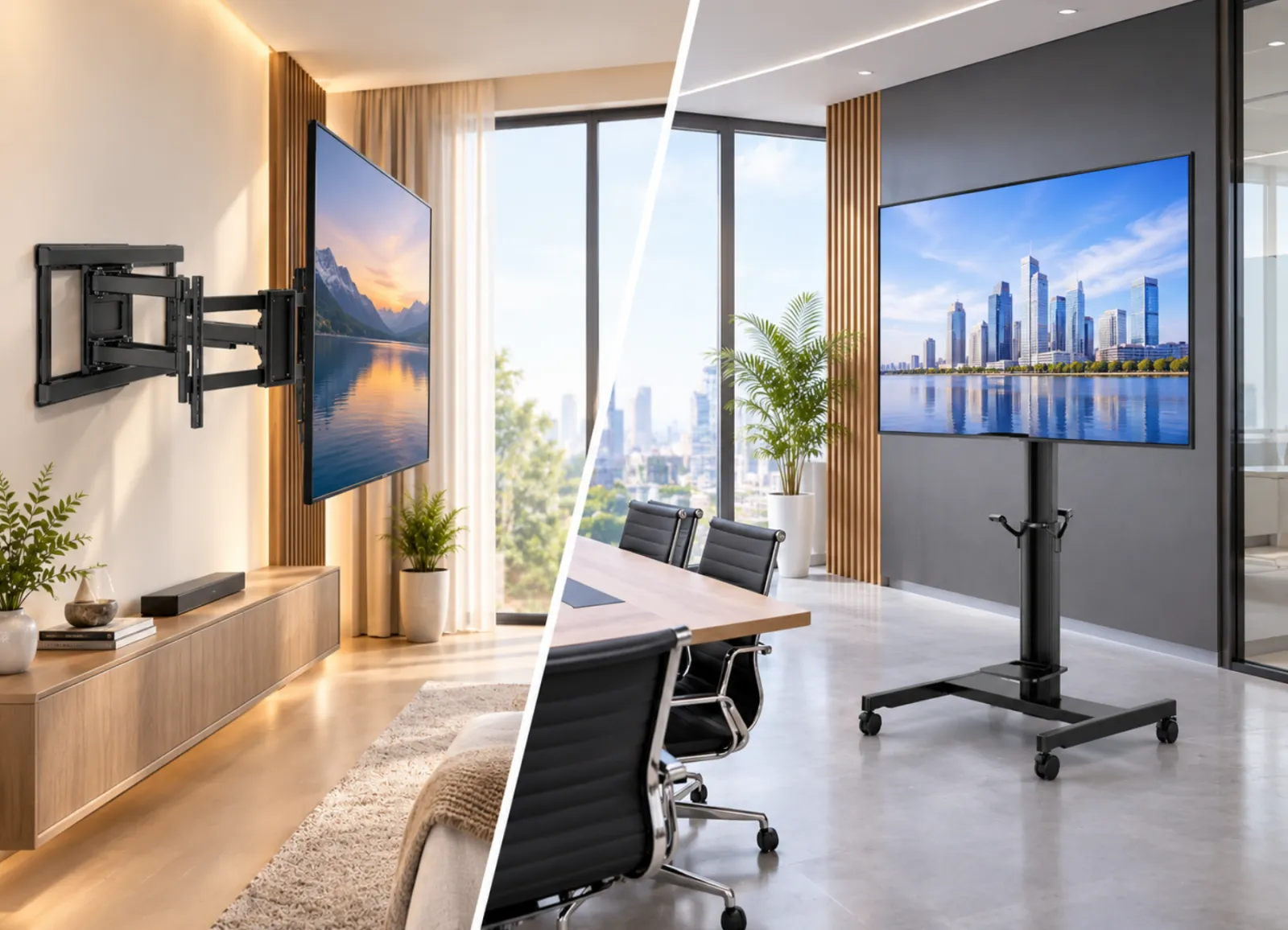 TV wall mount in a living room and a mobile TV stand in a boardroom