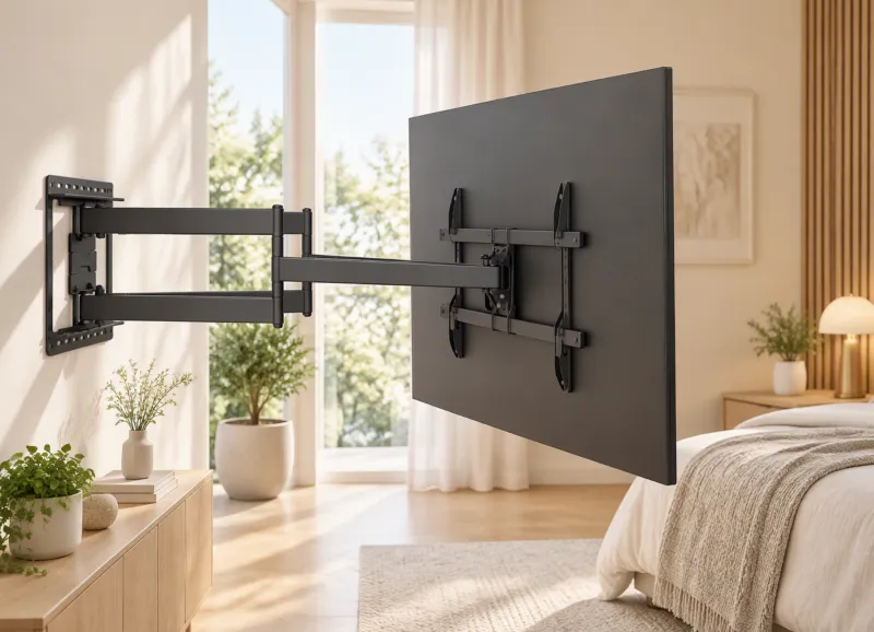 Full-motion articulating TV wall mount extended in a bedroom