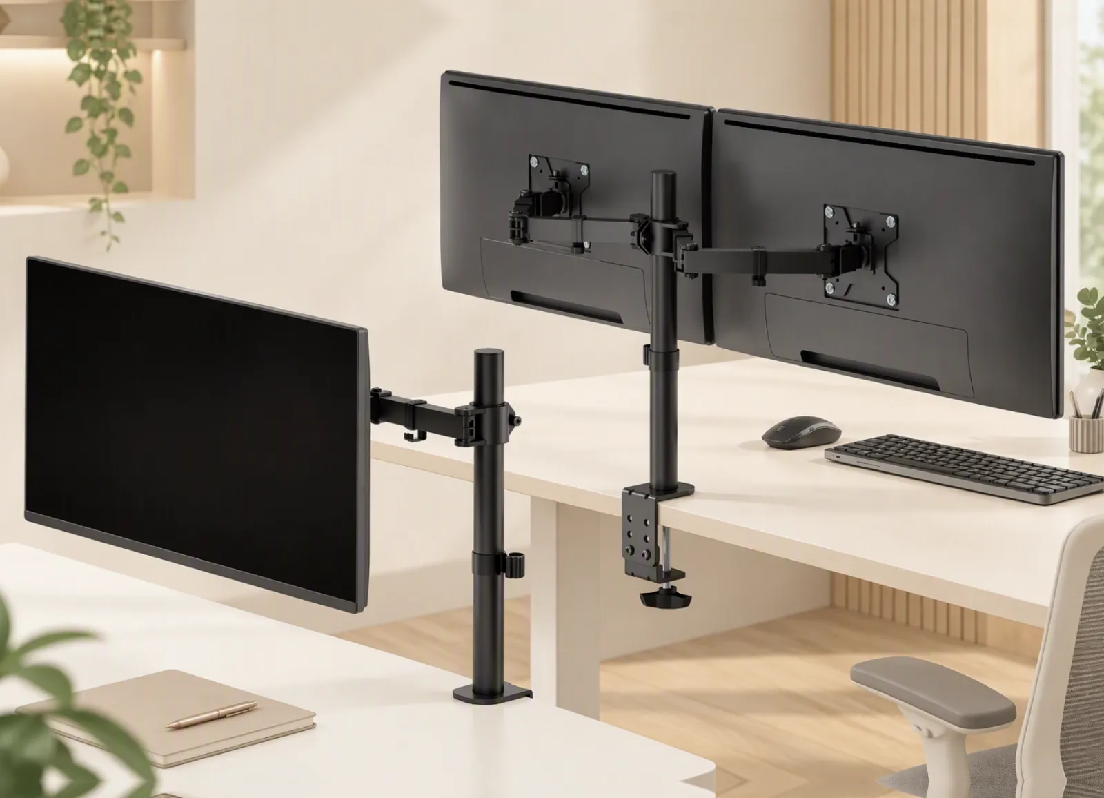 Single and dual monitor arms clamped to office desks